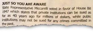 A church bulletin called out Nick Miccareli for his support of a bill to allow victims of sexual abuse more time to sue their abusers. Photograph: Handout